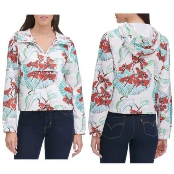 Levi's Floral Print Cropped Windbreaker Hoodie Size XL Jacket Pullover Retro - Picture 1 of 10